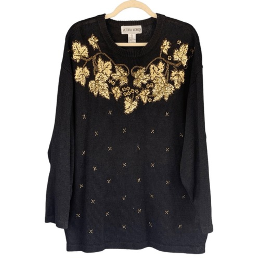S5 Victoria Woman Sweater Beaded Sequin Leaf 1990s Vintage Old Money Gold Black
